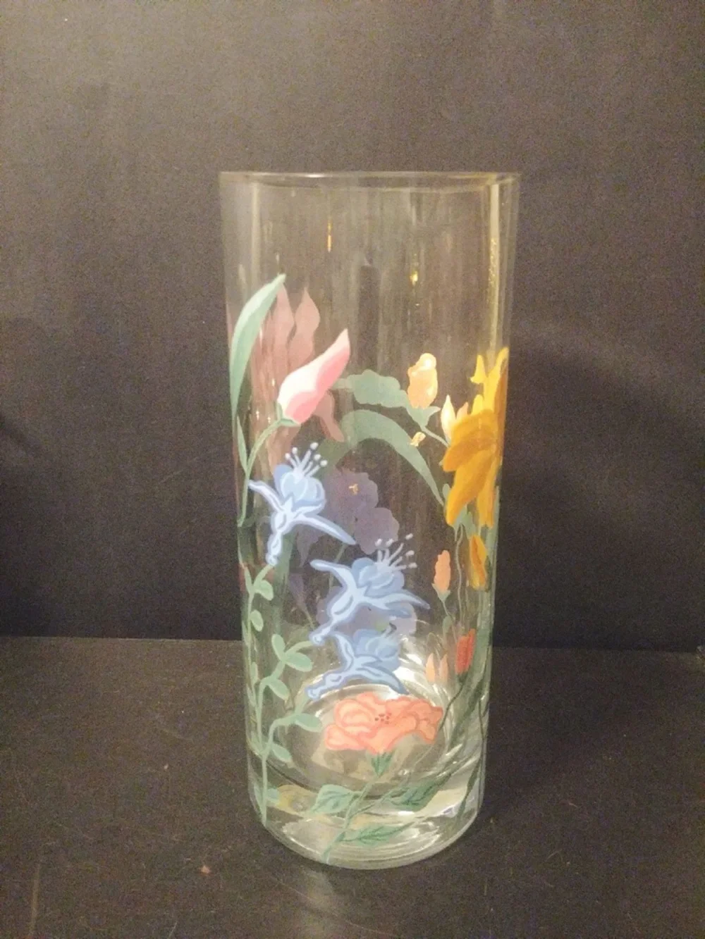 Pottery Barn Thick Glass Cylinder Canister Vase Custom Floral Painted